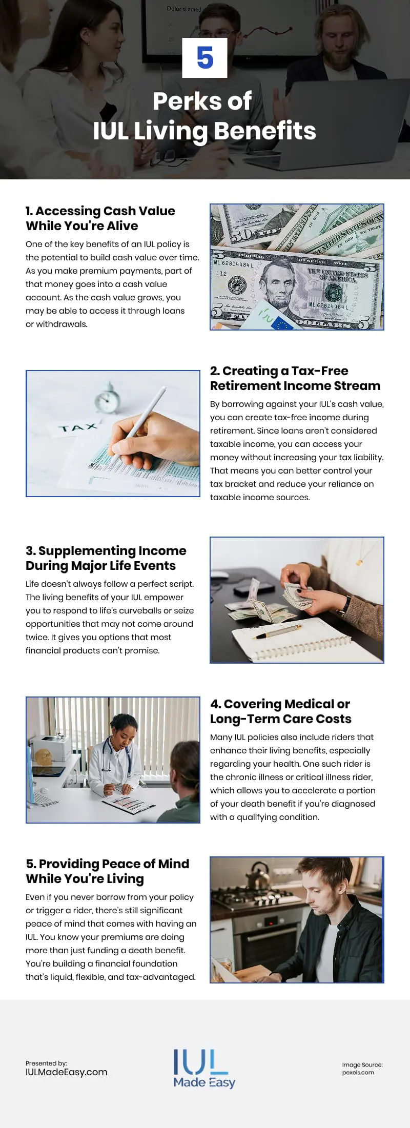 5 Perks of IUL Living Benefits Infographic